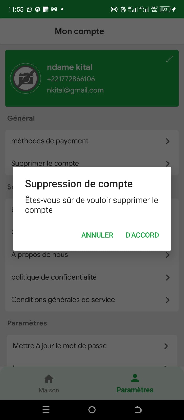 Capture d'écran de l'accès aux paramètres de l'application